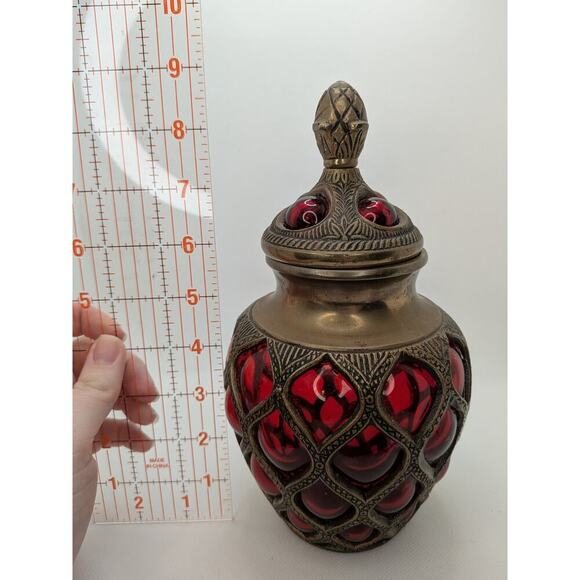Vintage India Ruby Red Bubble Glass Jar With Lid Apothecary Moroccan Style - Picture 6 of 6
